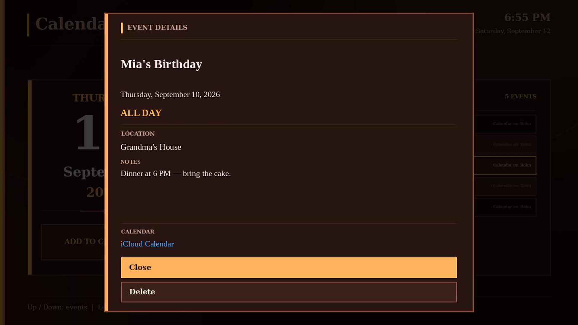 Calendar event details with date, location and notes