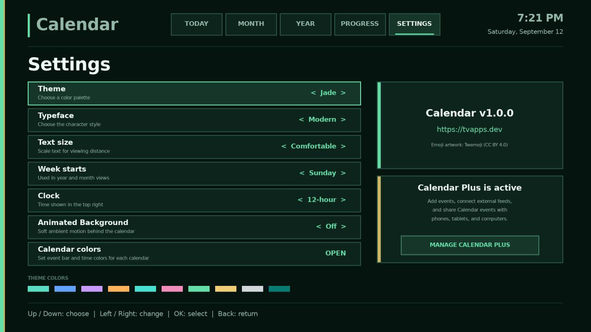 Calendar settings for themes, typeface, text size and calendar colors