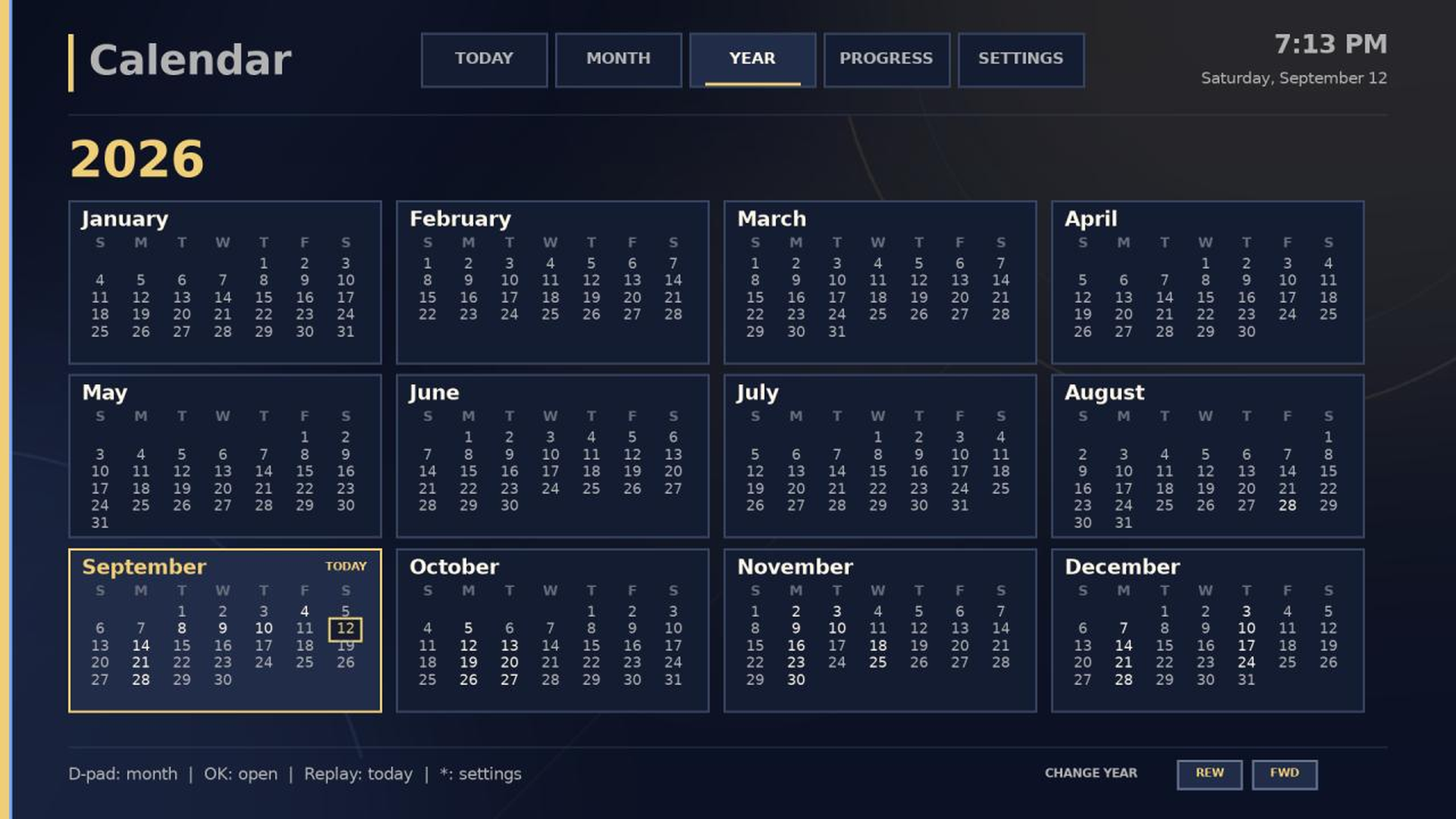 Calendar year view with all twelve months at a glance